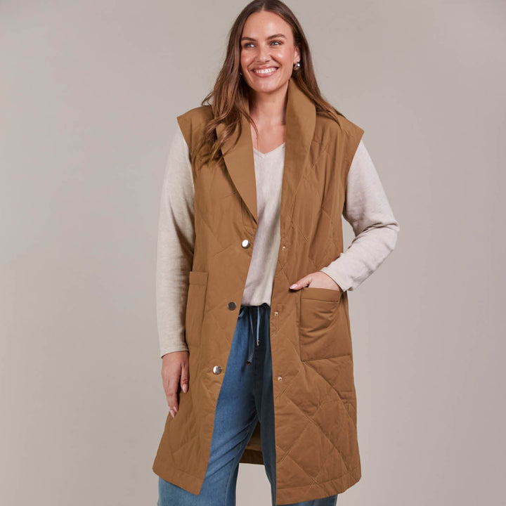 Enhance your outerwear collection with the Argo Long Line Vest. This stylish, quilted cotton vest is designed for comfort and warmth, featuring a lapel with a three-button press stud closure and a knee-length cut to keep the chill at bay. Available from www.thecollectivenz.com