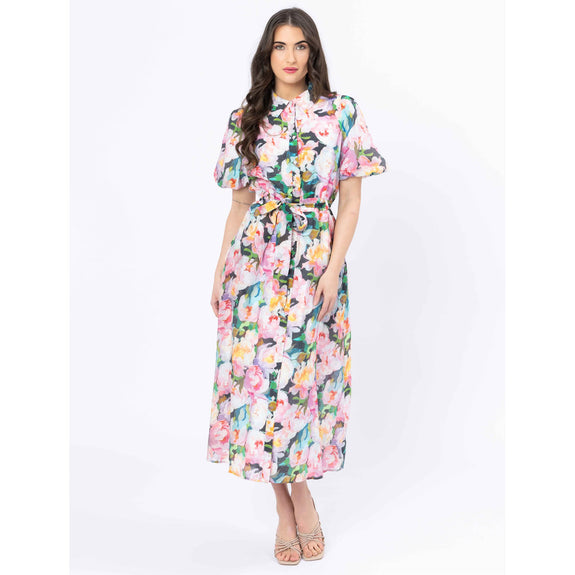 Woman wearing a floral dress on a white background