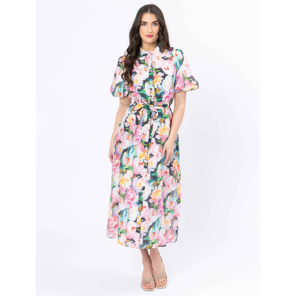 Woman wearing a floral dress on a white background