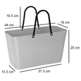 Gray tote bag with black handles and dimensions labeled on a white background