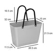 Gray tote bag with black handles and dimensions labeled on a white background