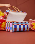 Colorful checkered cooler bag with a hand holding it against a red background