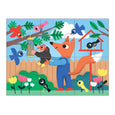 Children's puzzle with a fox and birds in a garden setting