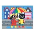 Illustration of a dog and a cat holding a colorful umbrella in a rain scene with houses in the background.