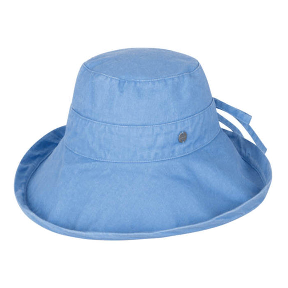 Blue sun hat with a tie on a white background