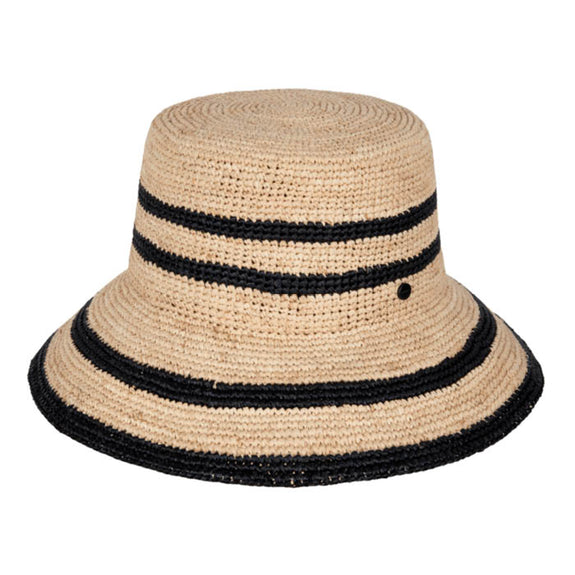 Beige bucket hat with black stripes on a white background