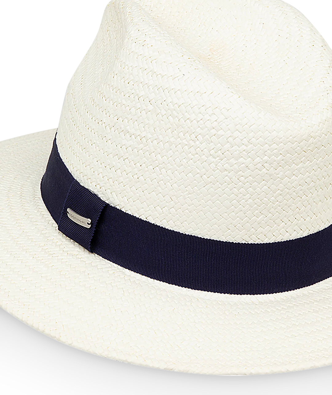 White straw hat with a navy band on a light gray background
