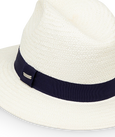 White straw hat with a navy band on a light gray background