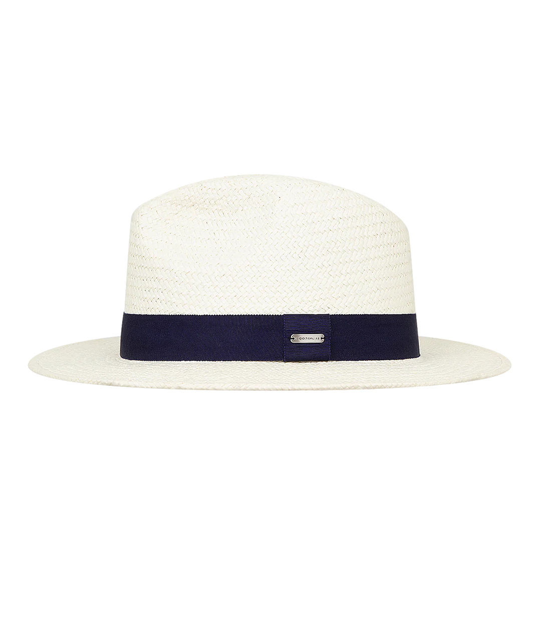White straw hat with a navy band on a white background