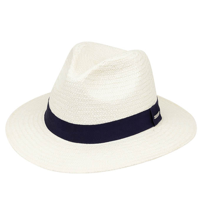 White straw hat with a navy band on a white background