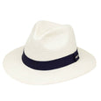 White straw hat with a navy band on a white background