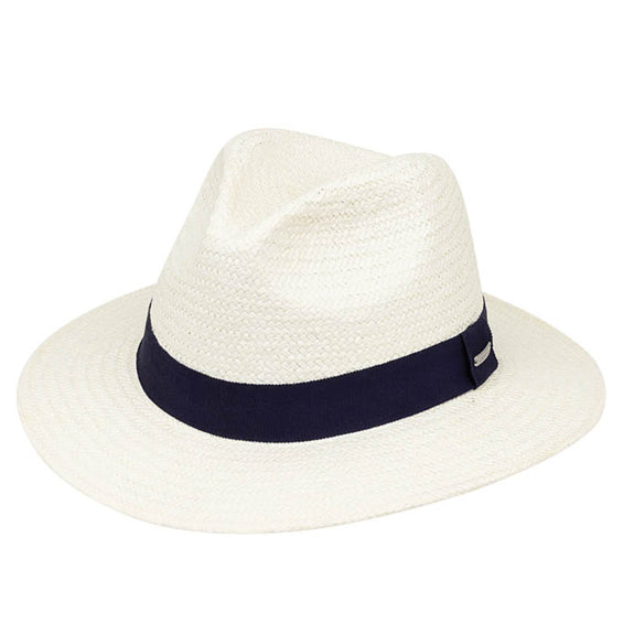 White straw hat with a navy band on a white background