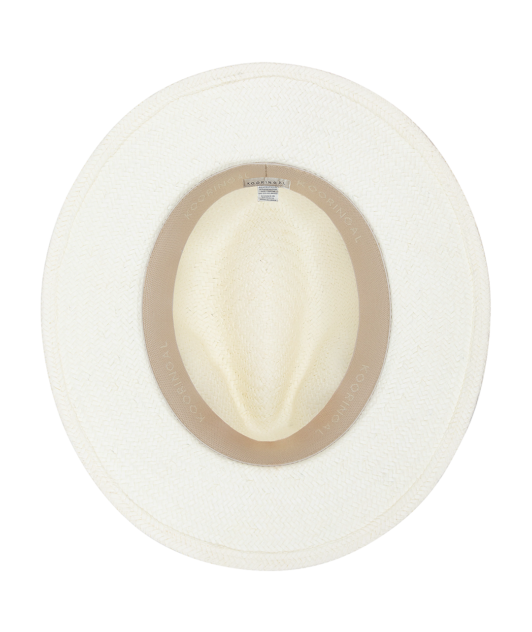 White fedora hat with brown band on a white background