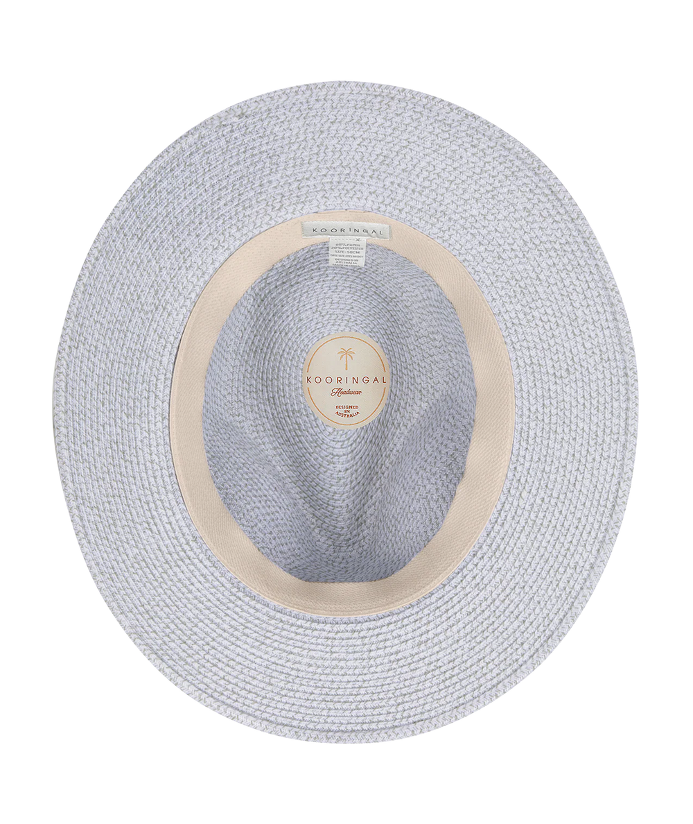 Light blue straw hat with beige band on a white background