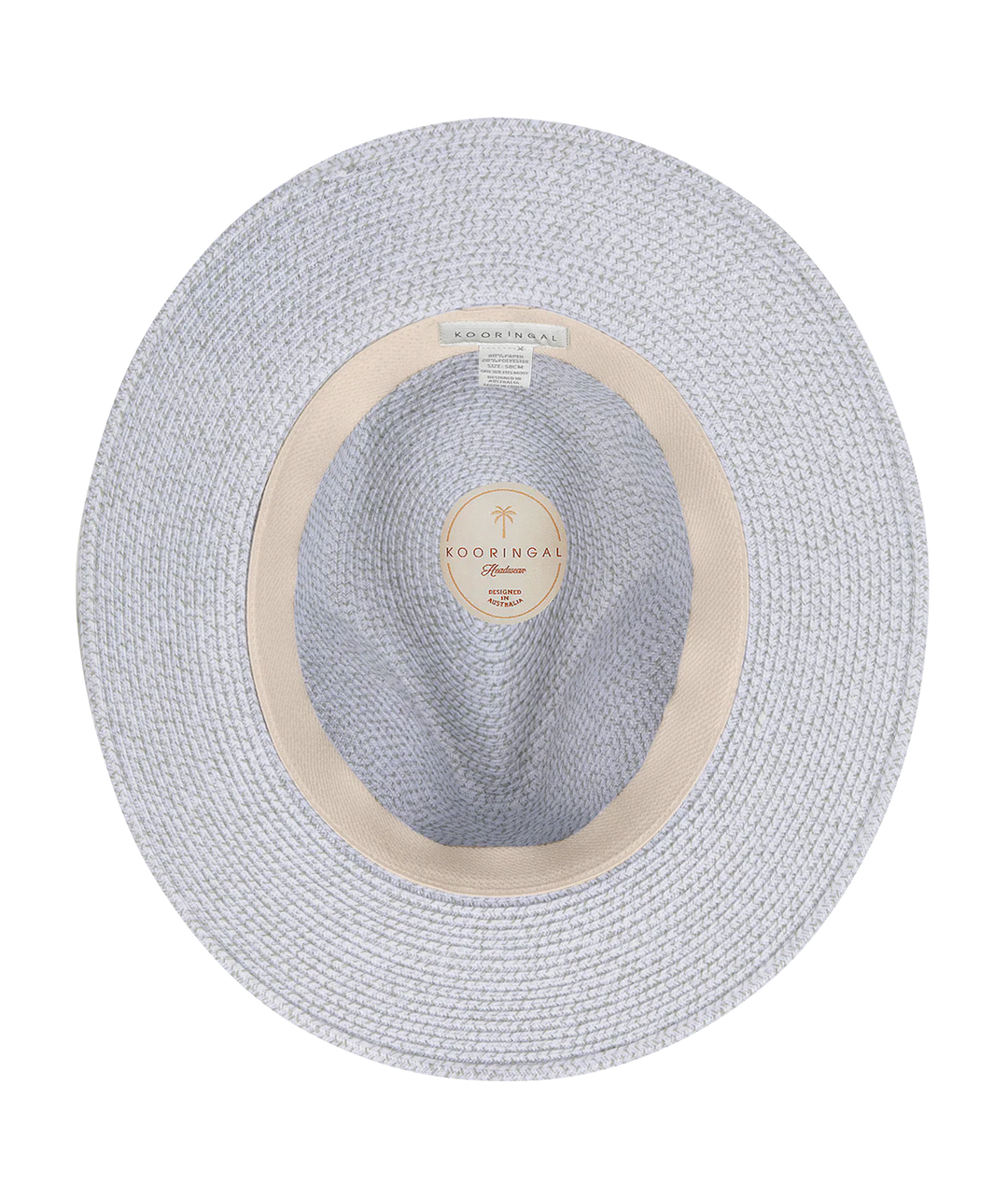 Light blue straw hat with beige band on a white background