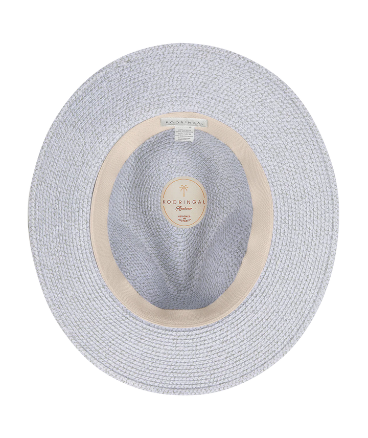Light blue straw hat with beige band on a white background