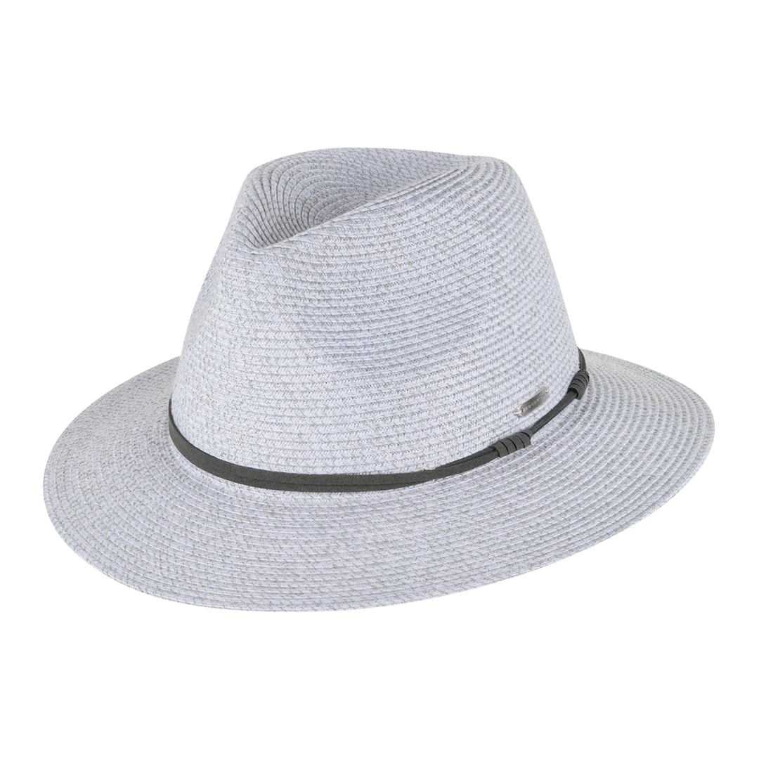 Light blue fedora hat with a black band on a white background