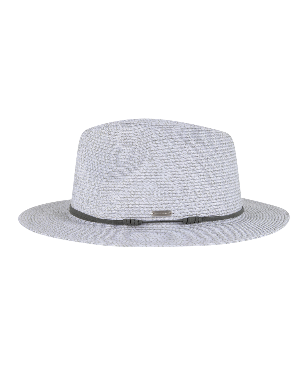 Light blue straw hat with a black band on a white background