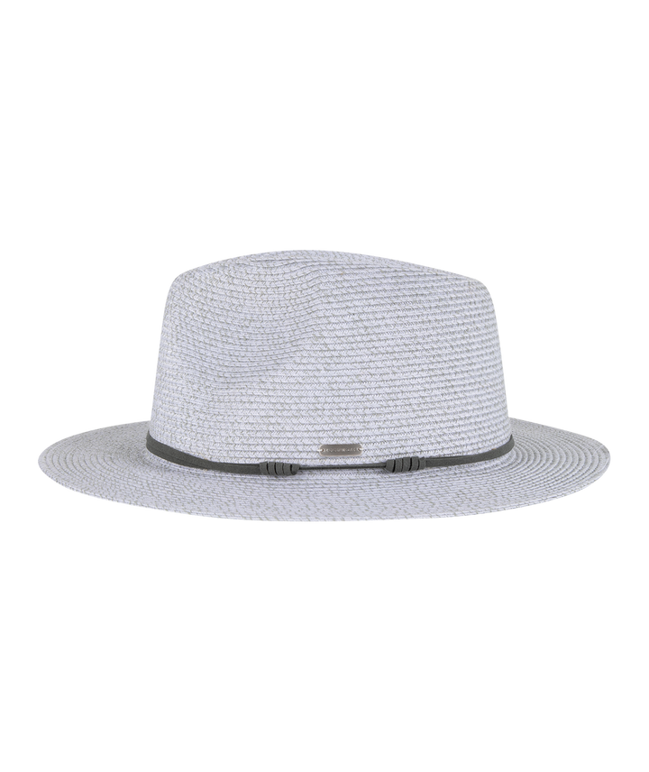 Light blue straw hat with a black band on a white background