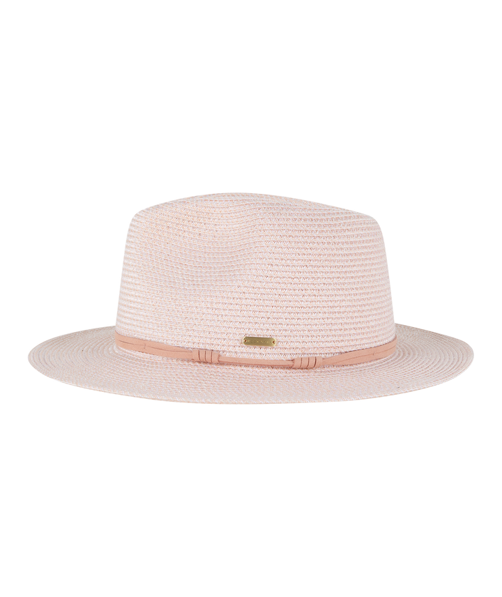 Blush straw hat with a pink band on a white background
