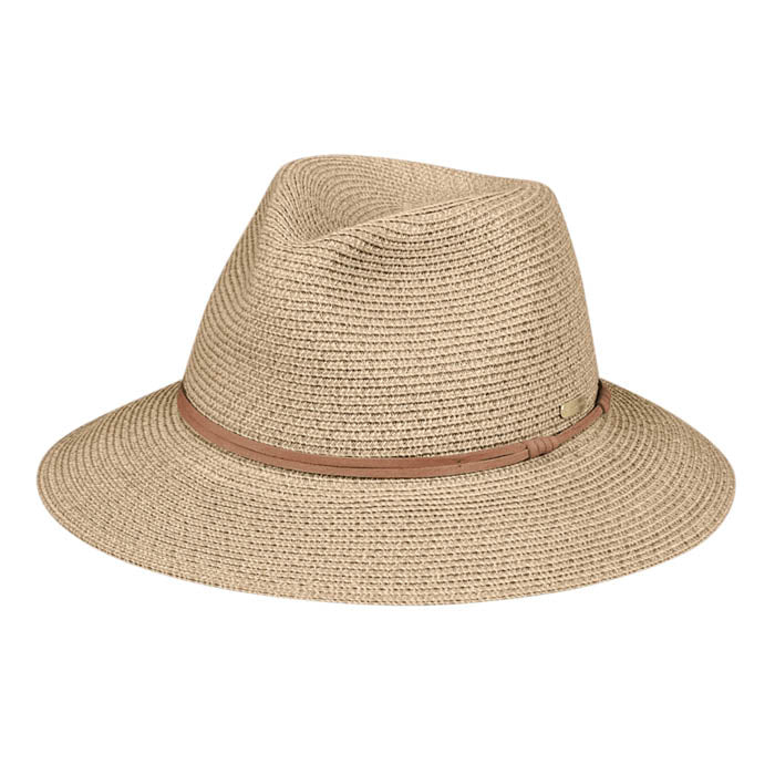 Beige straw hat with a brown band on a white background