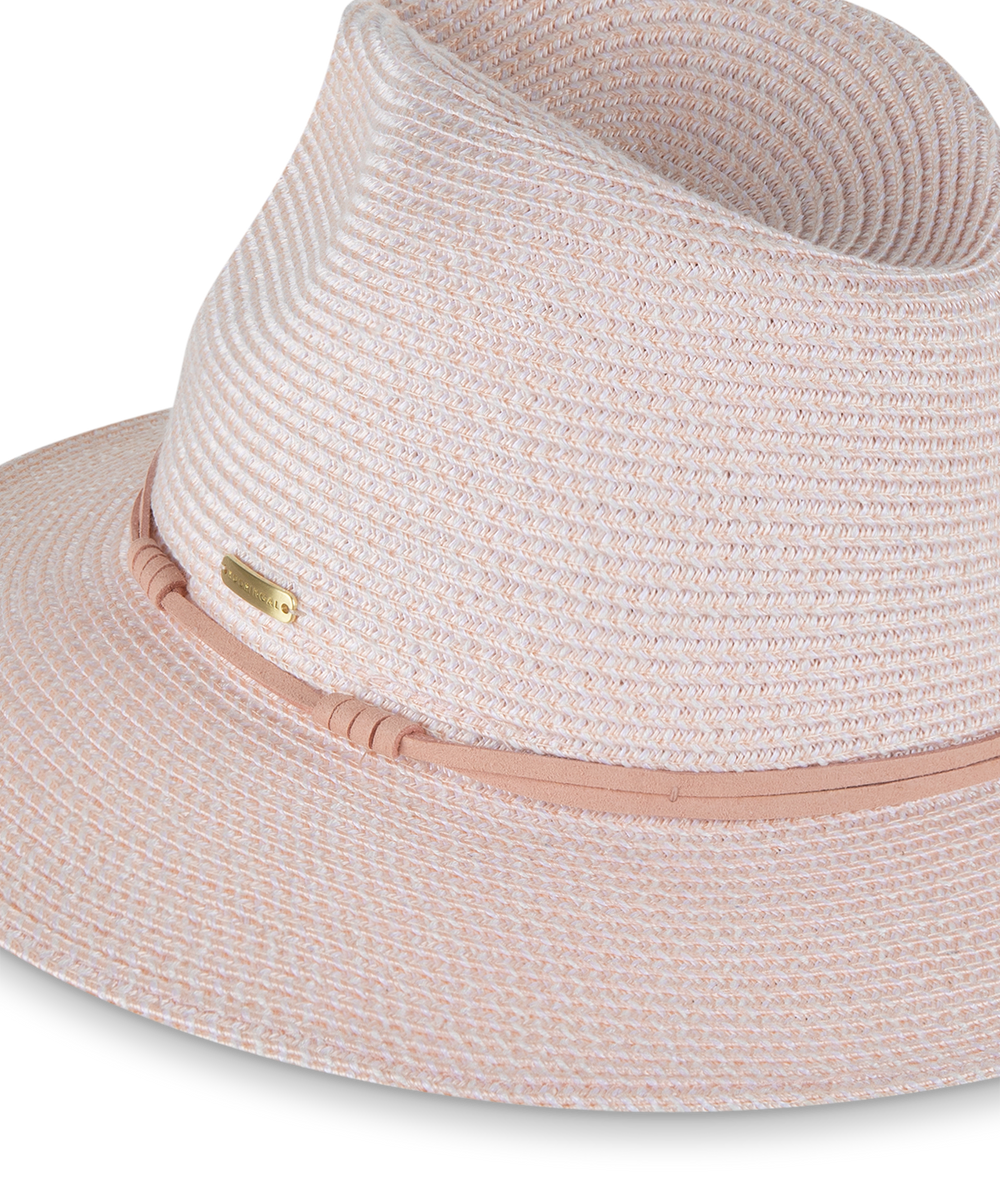 Pink straw hat with a band on a white background