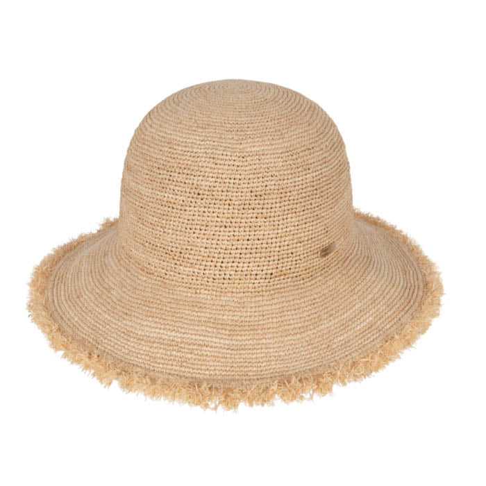 Beige straw hat with frayed edge on a white background