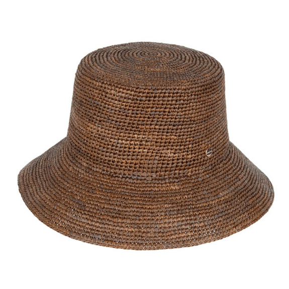 Brown woven bucket hat on a white background