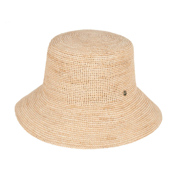 Beige straw bucket hat on a white background