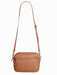 Brown leather crossbody bag on a white background