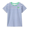 Blue and white striped t-shirt with a small green logo on a white background