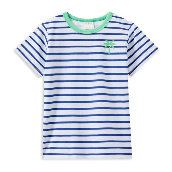Blue and white striped t-shirt with a small green logo on a white background