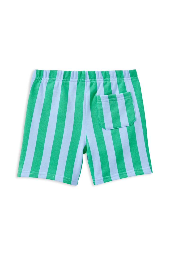 Green and white striped shorts on a white background