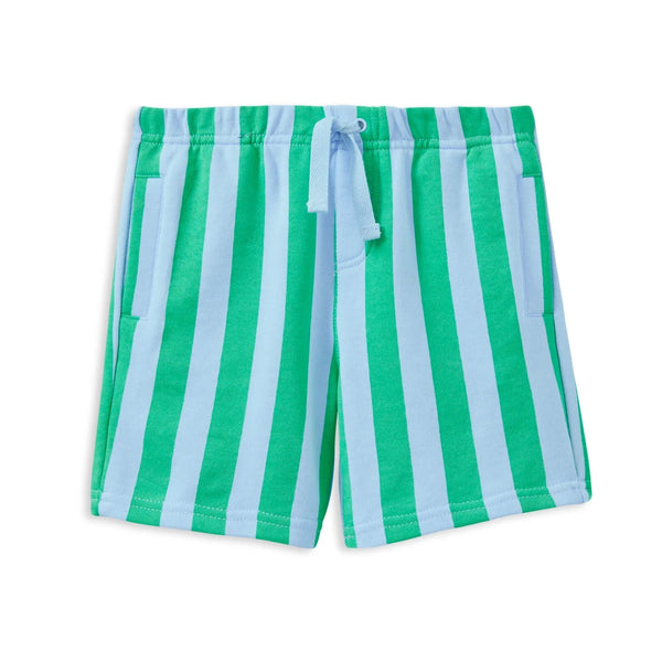 Green and white striped shorts on a white background