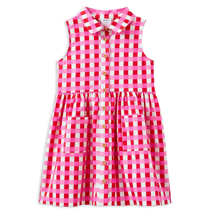 Milky Pink and white checkered dress with buttons on a white background