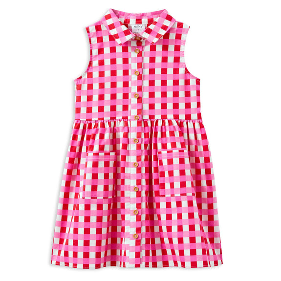 Milky Pink and white checkered dress with buttons on a white background