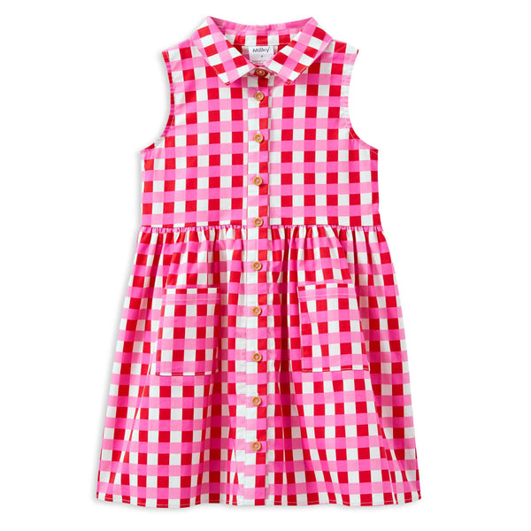 Milky Pink and white checkered dress with buttons on a white background