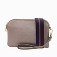 Beige handbag with a navy strap featuring red and white stripes on a white background