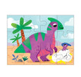 Children's dinosaur puzzle with a purple and green dinosaur on a beach background