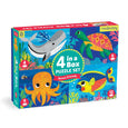 Mudpuppy 4-in-a-Box puzzle set with ocean-themed illustrations on a white background