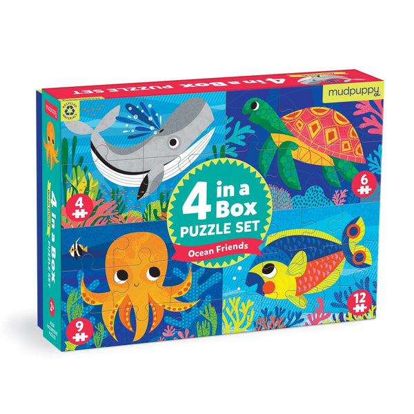 Mudpuppy 4-in-a-Box puzzle set with ocean-themed illustrations on a white background