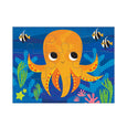 Children's puzzle with an orange octopus design on a blue background with sea creatures.