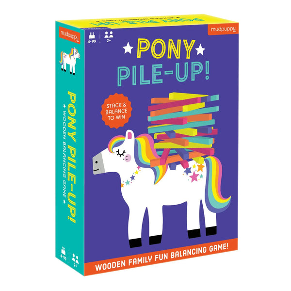 Box of 'Pony Pile-Up!' game with colorful design and pony illustration.