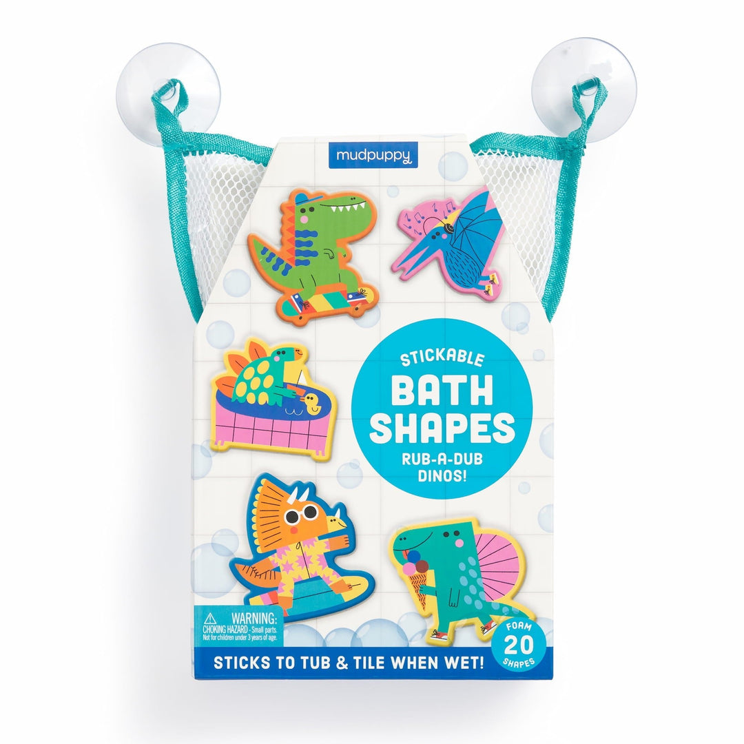 Packaging of Mudpuppy stickable bath shapes with dinosaur designs on a white background