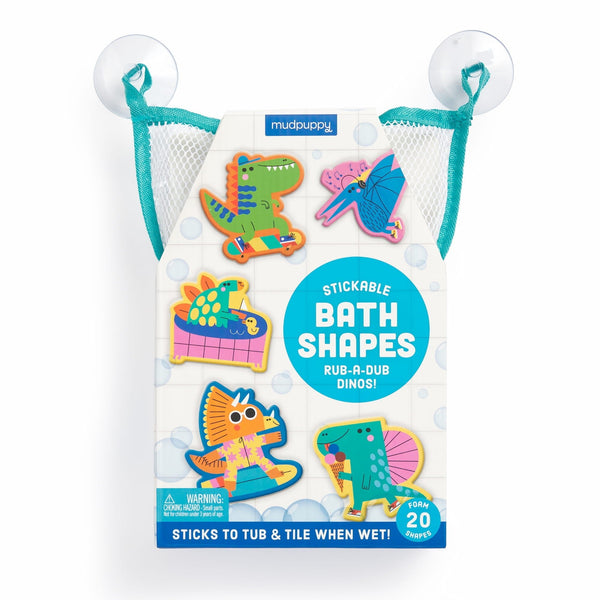 Packaging of Mudpuppy stickable bath shapes with dinosaur designs on a white background