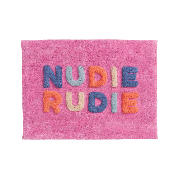 Pink bath mat with colorful text 'Nudie Rudie' on a white background