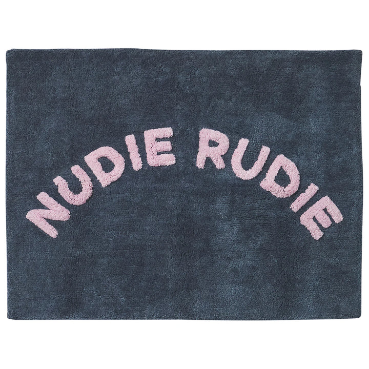 Denim rug with 'Nudie Rudie' text in pink on a white background