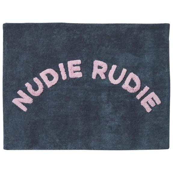 Denim rug with 'Nudie Rudie' text in pink on a white background