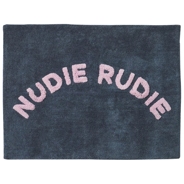 Denim rug with 'Nudie Rudie' text in pink on a white background