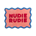 Embroidered patch with 'NUDIE RUDIE' text on a pink background